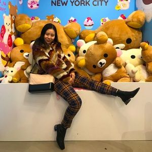 Yellow & navy plaid cotton stretchy pants size M